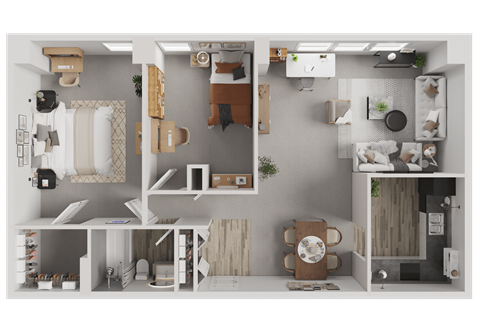 Floor plan for 2 beds, 1 bath, 943 sqft